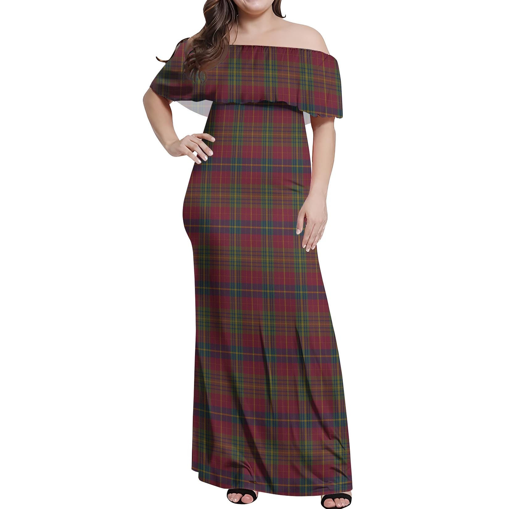 Rice of Wales Tartan Off Shoulder Long Dress Women's Dress - Tartanvibesclothing
