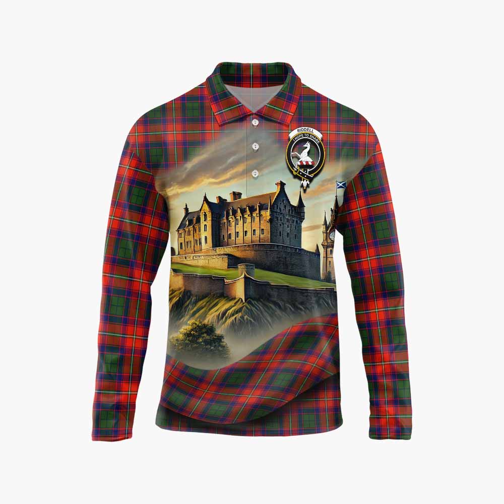 Tartan Vibes Clothing Riddell Tartan Family Crest Long Sleeve Polo Shirt with Scottish Ancient Castle Style