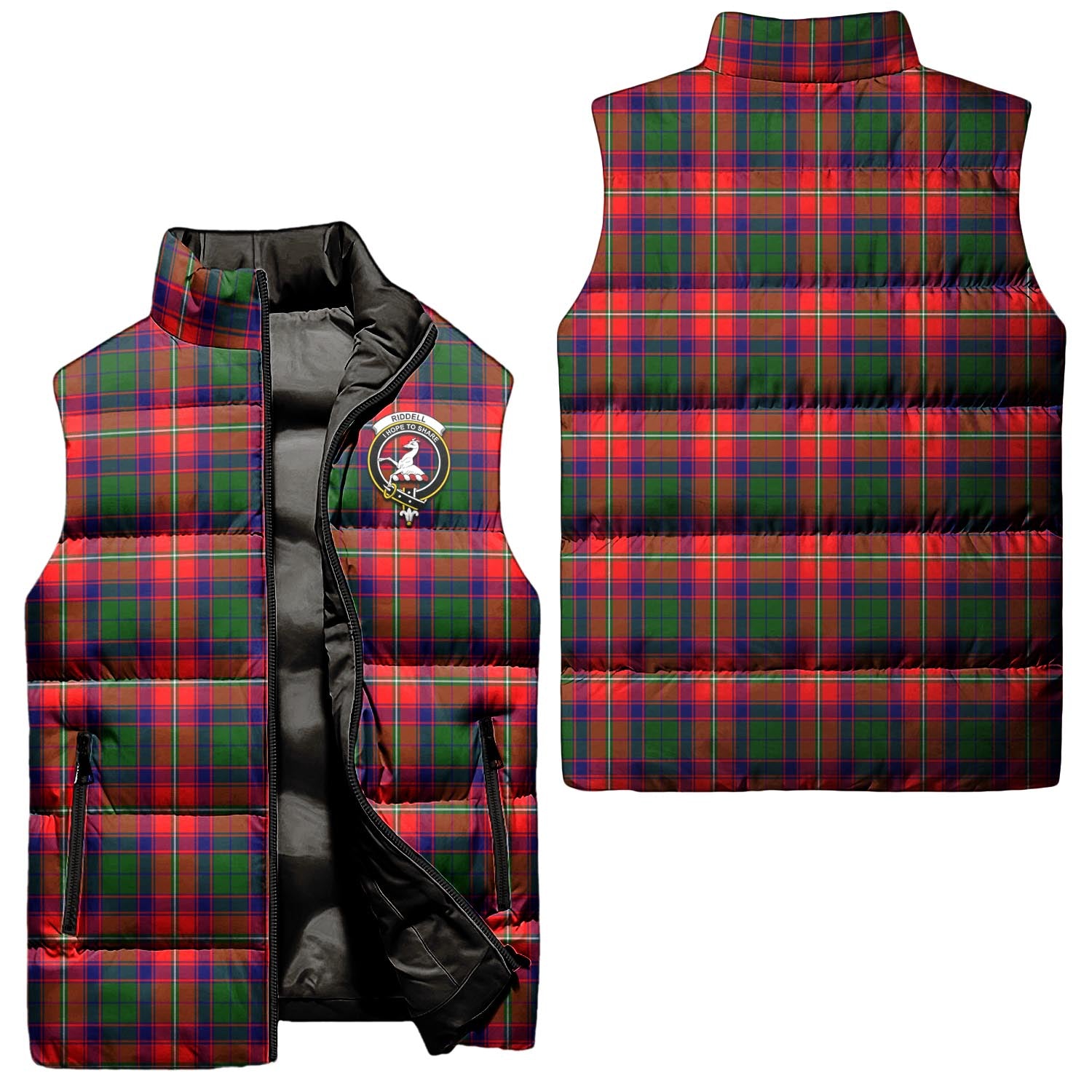 Riddell Tartan Sleeveless Puffer Jacket with Family Crest Unisex - Tartan Vibes Clothing