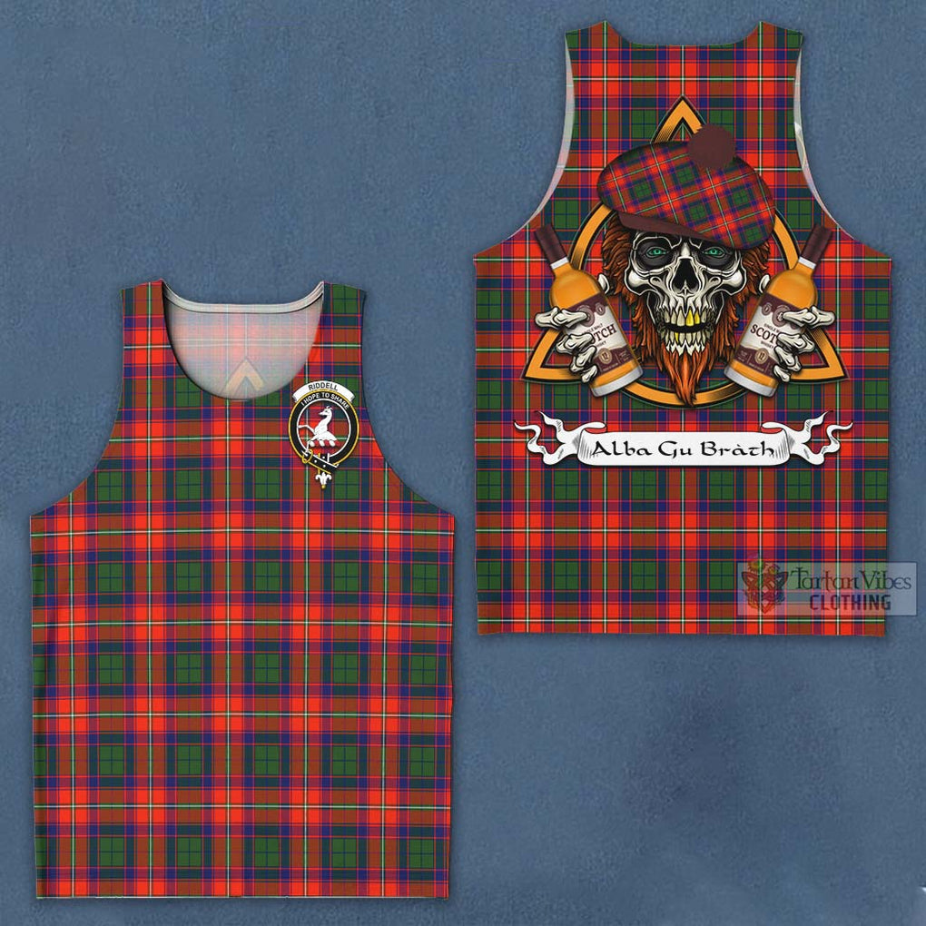 Tartan Vibes Clothing Riddell Tartan Men's Tank Top with Family Crest and Bearded Skull Holding Bottles of Whiskey