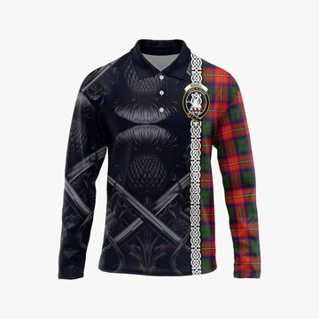 Tartan Vibes Clothing Riddell Tartan Long Sleeve Polo Shirt with Family Crest Cross Sword Thistle Celtic Vibes