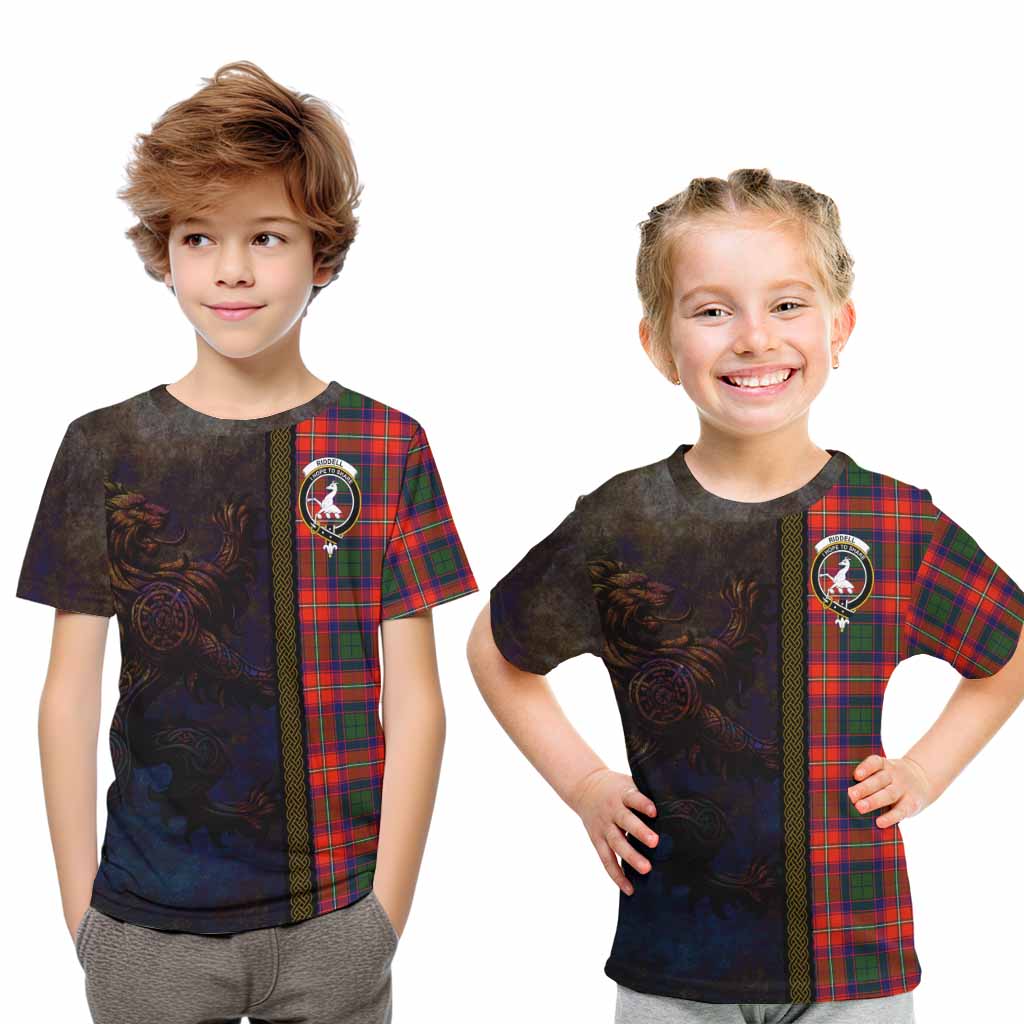 Tartan Vibes Clothing Riddell Tartan Family Crest Kid T-Shirt Alba Gu Brath Be Brave Lion Ancient Style
