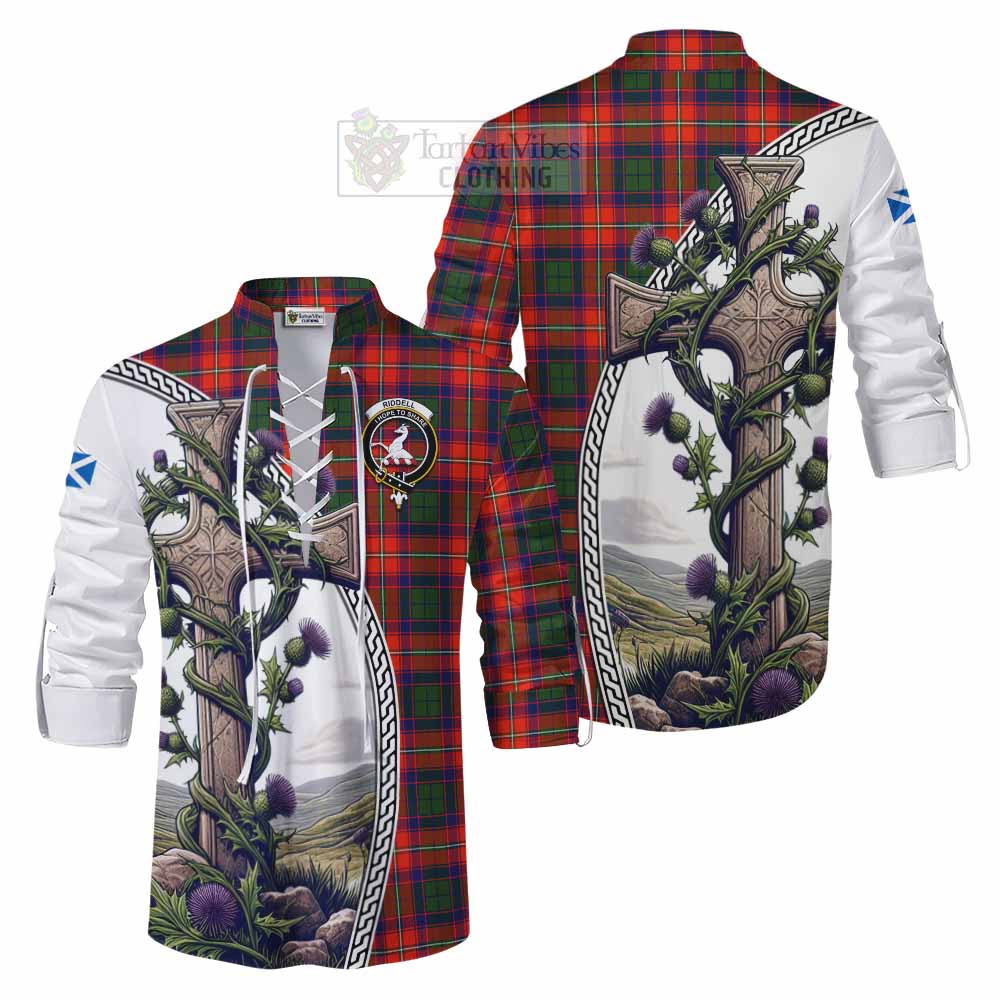 Tartan Vibes Clothing Riddell Tartan Ghillie Kilt Shirt with Family Crest and St. Andrew's Cross Accented by Thistle Vines