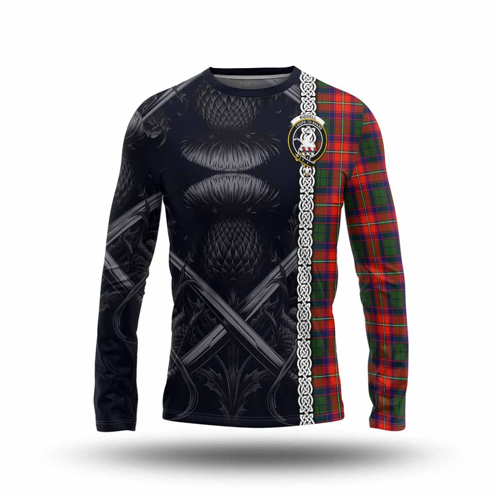 Tartan Vibes Clothing Riddell Tartan Long Sleeve T-Shirt with Family Crest Cross Sword Thistle Celtic Vibes