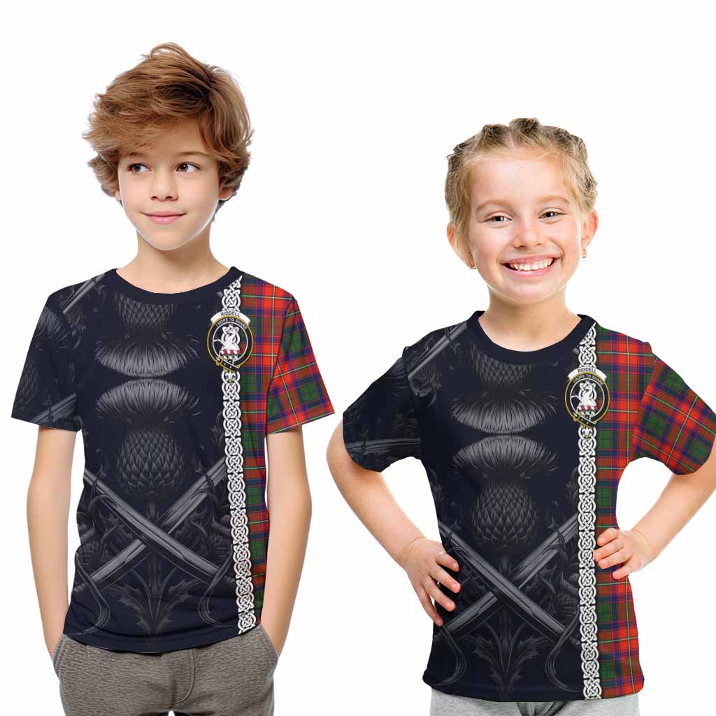 Tartan Vibes Clothing Riddell Tartan Kid T-Shirt with Family Crest Cross Sword Thistle Celtic Vibes