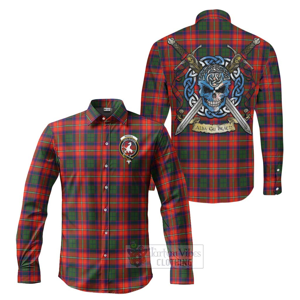 Tartan Vibes Clothing Riddell Tartan Long Sleeve Button Shirt with Family Crest Celtic Skull Style
