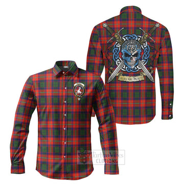 Tartan Vibes Clothing Riddell Tartan Long Sleeve Button Shirt with Family Crest Celtic Skull Style