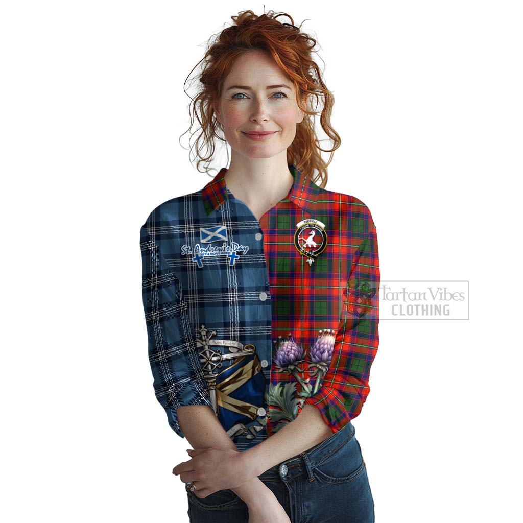 Tartan Vibes Clothing Riddell Tartan Women's Casual Shirt Happy St. Andrew's Day Half Tartan Style