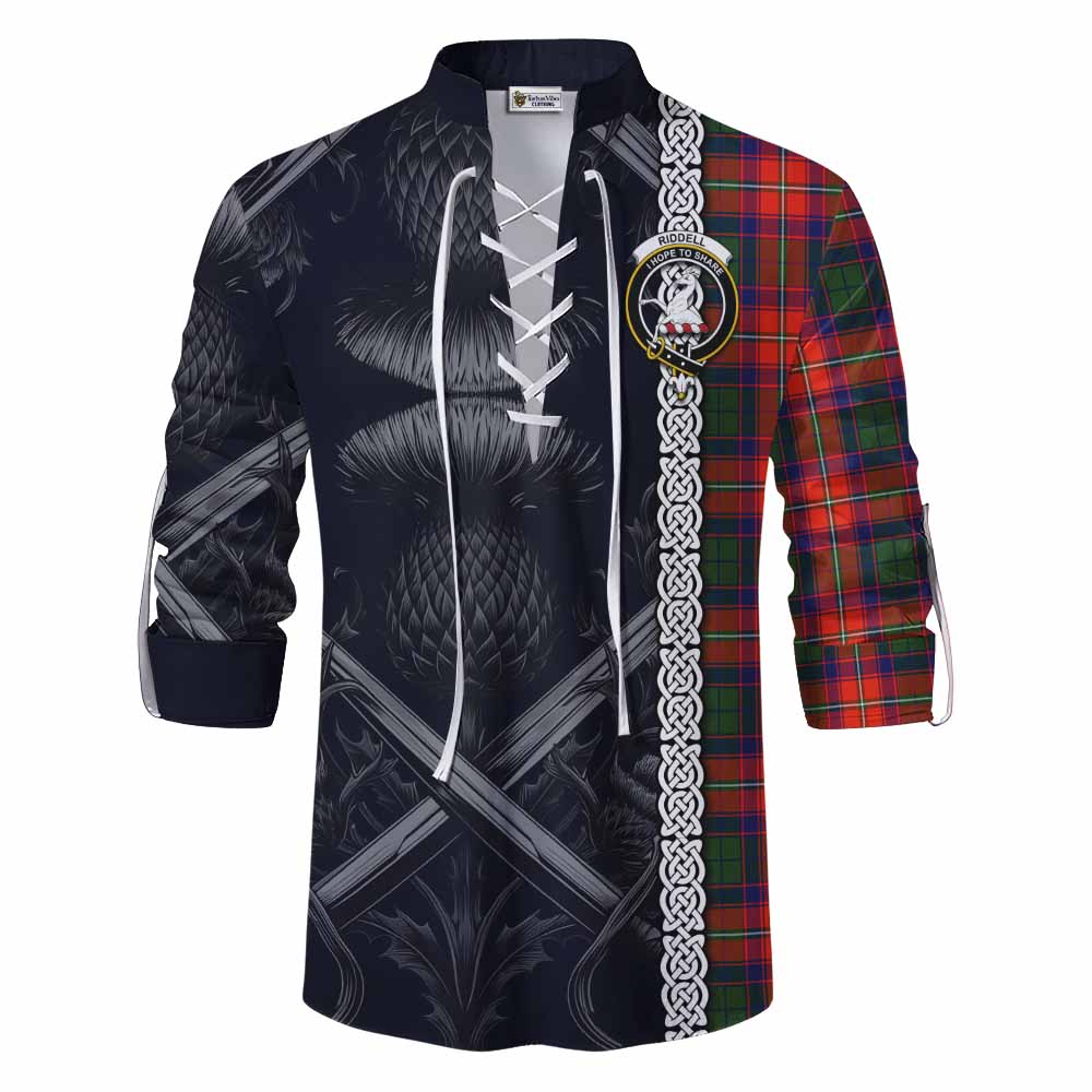 Tartan Vibes Clothing Riddell Tartan Ghillie Kilt Shirt with Family Crest Cross Sword Thistle Celtic Vibes
