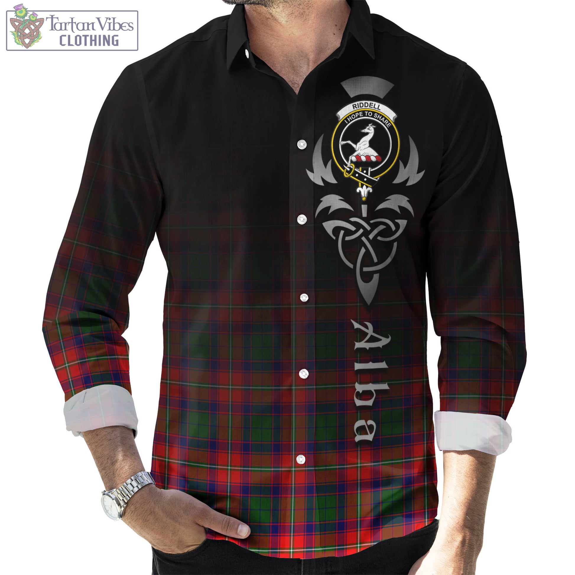 Tartan Vibes Clothing Riddell Tartan Long Sleeve Button Up Featuring Alba Gu Brath Family Crest Celtic Inspired