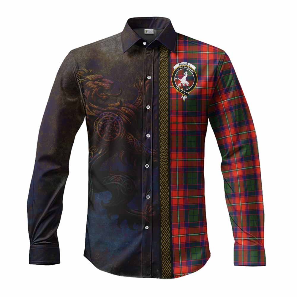 Tartan Vibes Clothing Riddell Tartan Family Crest Long Sleeve Button Shirt Alba Gu Brath Be Brave Lion Ancient Style