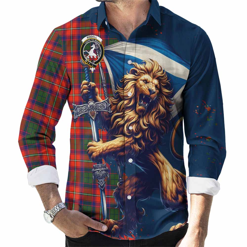 Tartan Vibes Clothing Riddell Tartan Family Crest Long Sleeve Button Shirt with Scottish Majestic Lion