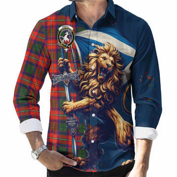 Tartan Vibes Clothing Riddell Tartan Family Crest Long Sleeve Button Shirt with Scottish Majestic Lion