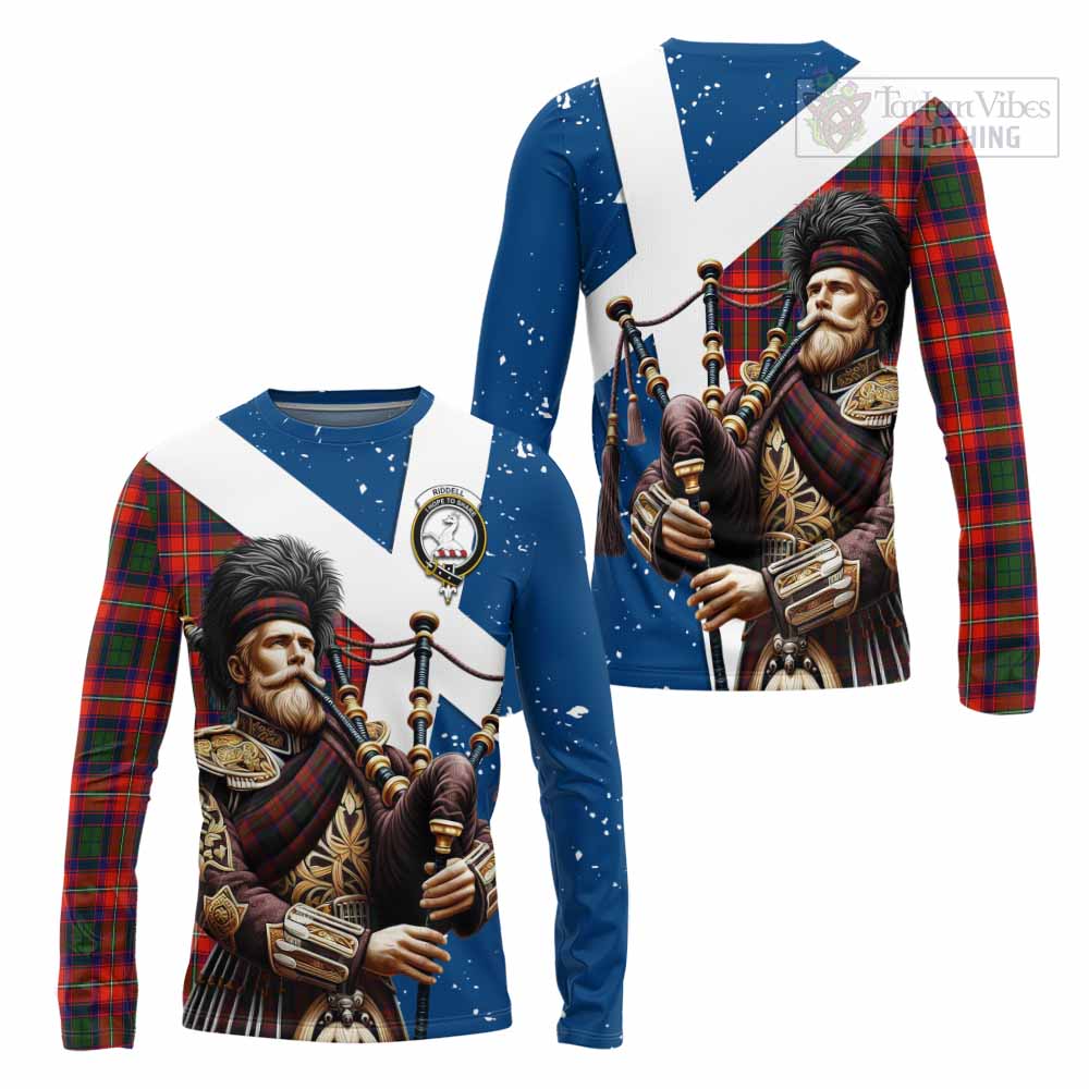 Tartan Vibes Clothing Riddell Tartan Long Sleeve T-Shirt with Family Crest Scottish Bagpiper Vibes