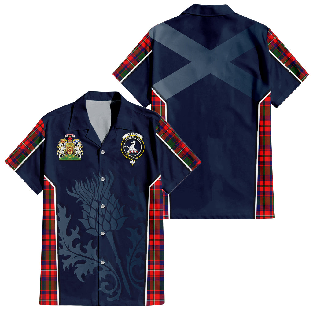 Tartan Vibes Clothing Riddell Tartan Short Sleeve Button Up Shirt with Family Crest and Scottish Thistle Vibes Sport Style