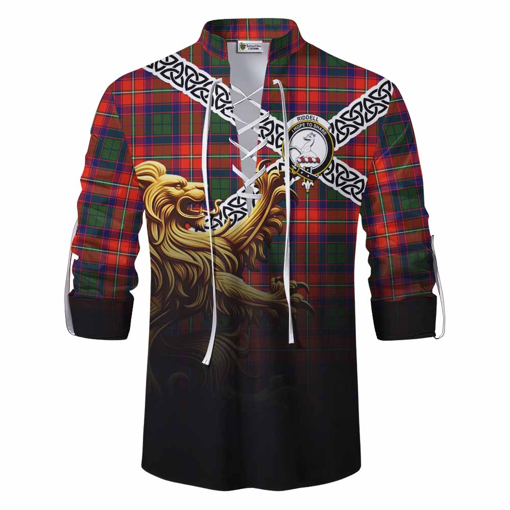 Tartan Vibes Clothing Riddell Crest Tartan Ghillie Kilt Shirt with Golden Lion Emblem Celtic Style