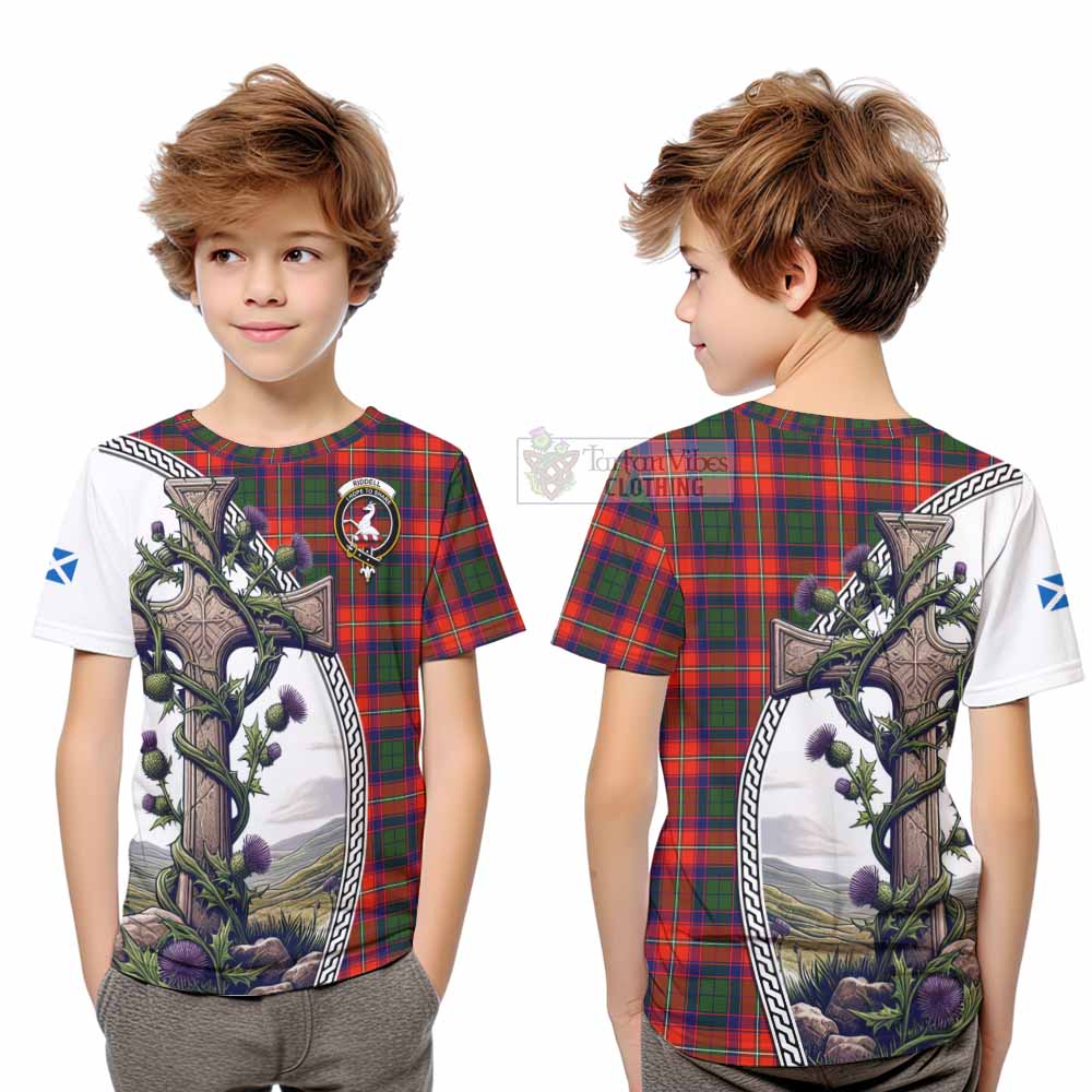 Tartan Vibes Clothing Riddell Tartan Kid T-Shirt with Family Crest and St. Andrew's Cross Accented by Thistle Vines