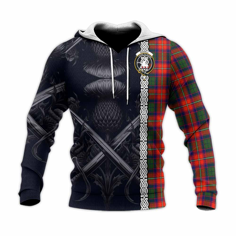 Tartan Vibes Clothing Riddell Tartan Knitted Hoodie with Family Crest Cross Sword Thistle Celtic Vibes