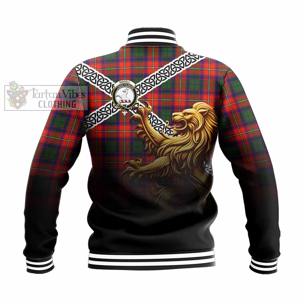 Tartan Vibes Clothing Riddell Crest Tartan Baseball Jacket with Golden Lion Emblem Celtic Style