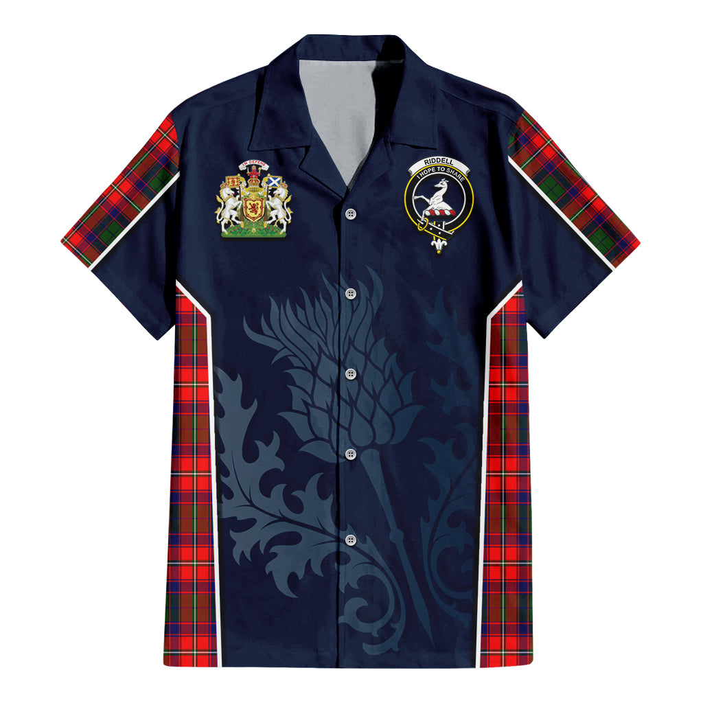 Tartan Vibes Clothing Riddell Tartan Short Sleeve Button Up Shirt with Family Crest and Scottish Thistle Vibes Sport Style