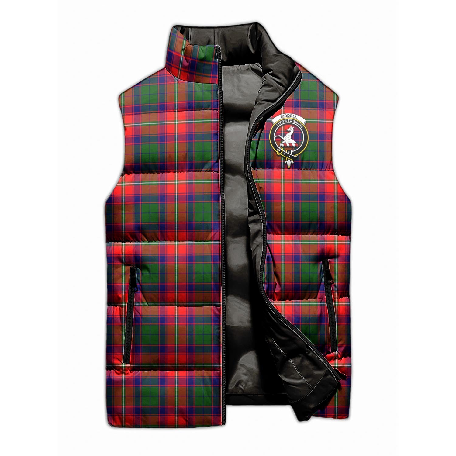 Riddell Tartan Sleeveless Puffer Jacket with Family Crest - Tartan Vibes Clothing