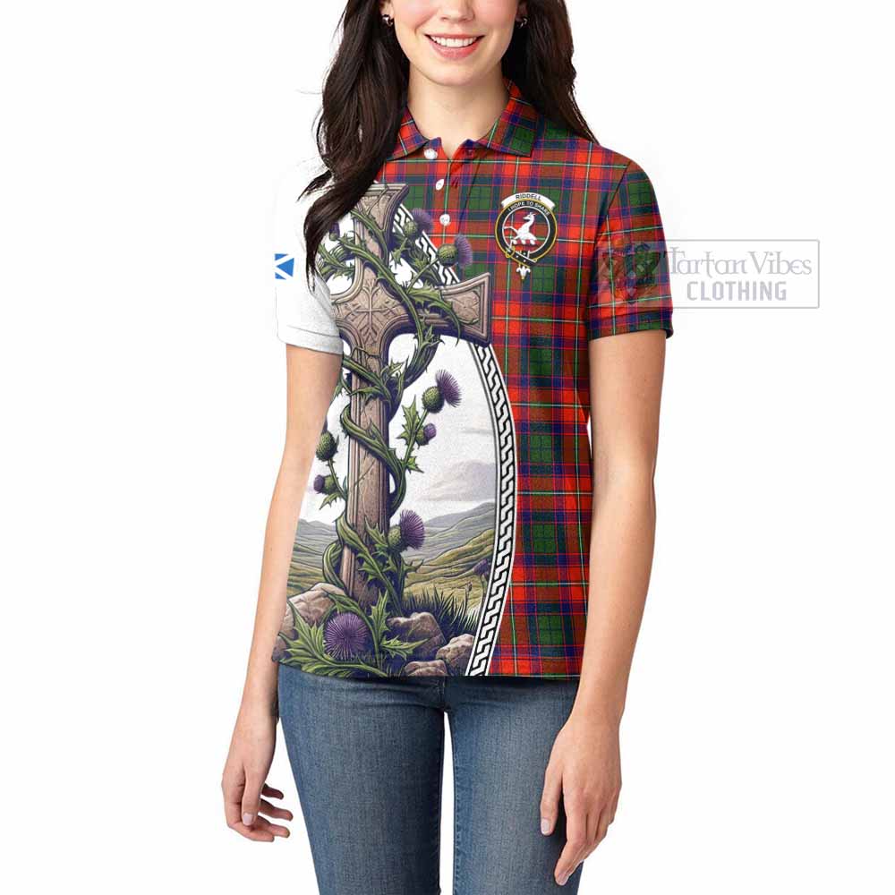 Tartan Vibes Clothing Riddell Tartan Women's Polo Shirt with Family Crest and St. Andrew's Cross Accented by Thistle Vines