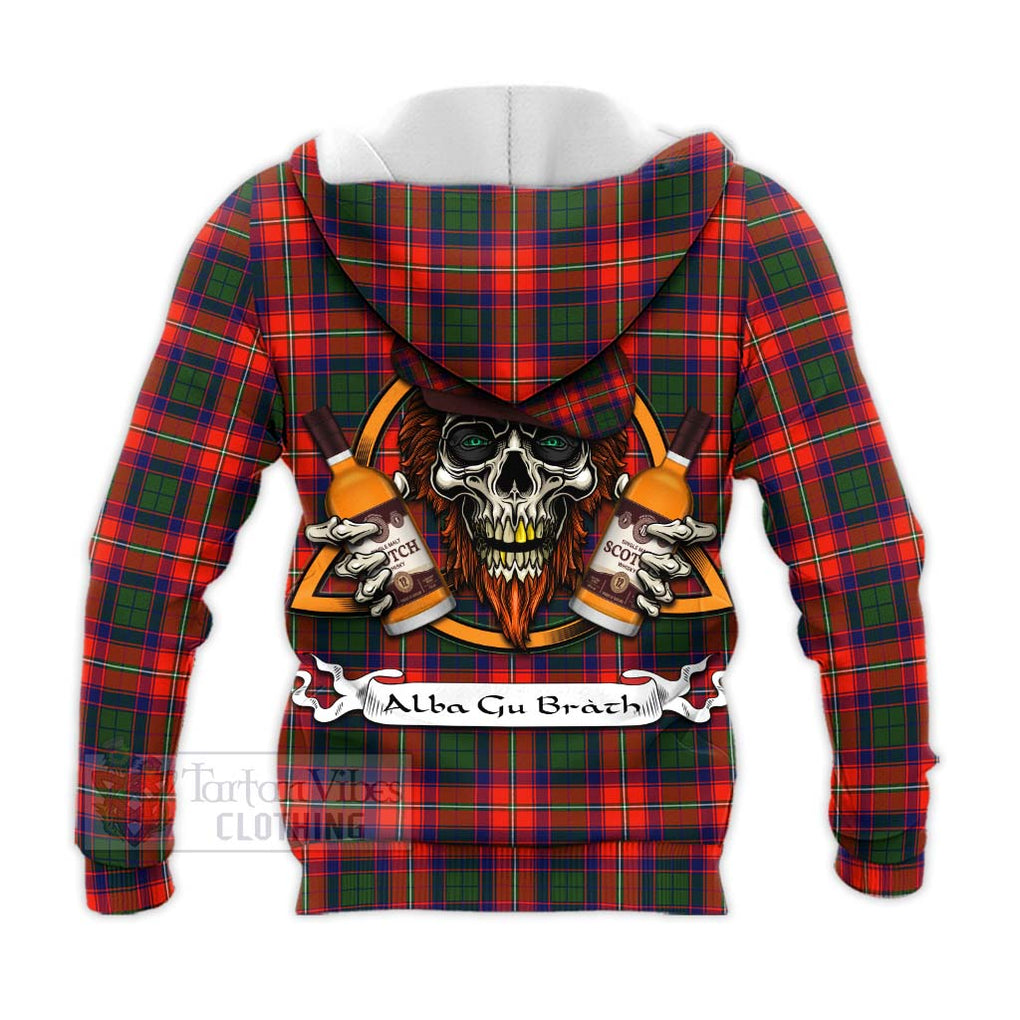 Tartan Vibes Clothing Riddell Tartan Knitted Hoodie with Family Crest and Bearded Skull Holding Bottles of Whiskey