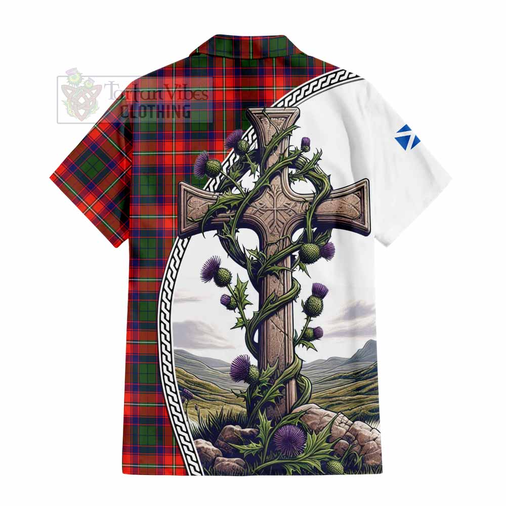 Tartan Vibes Clothing Riddell Tartan Short Sleeve Button Shirt with Family Crest and St. Andrew's Cross Accented by Thistle Vines