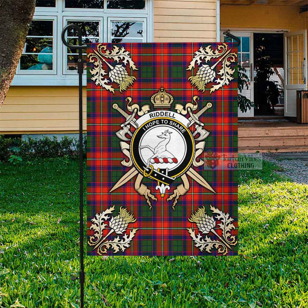 Tartan Vibes Clothing Riddell Tartan Flag with Family Crest and Golden Thistle Crossed Sword Design