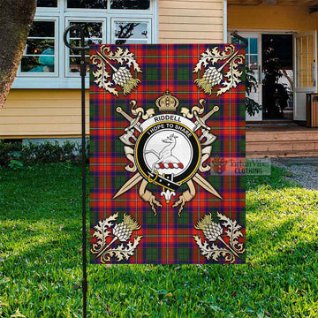 Tartan Vibes Clothing Riddell Tartan Flag with Family Crest and Golden Thistle Crossed Sword Design