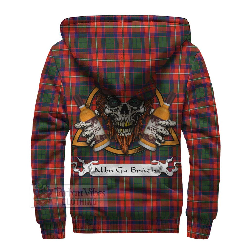 Tartan Vibes Clothing Riddell Tartan Sherpa Hoodie with Family Crest and Bearded Skull Holding Bottles of Whiskey