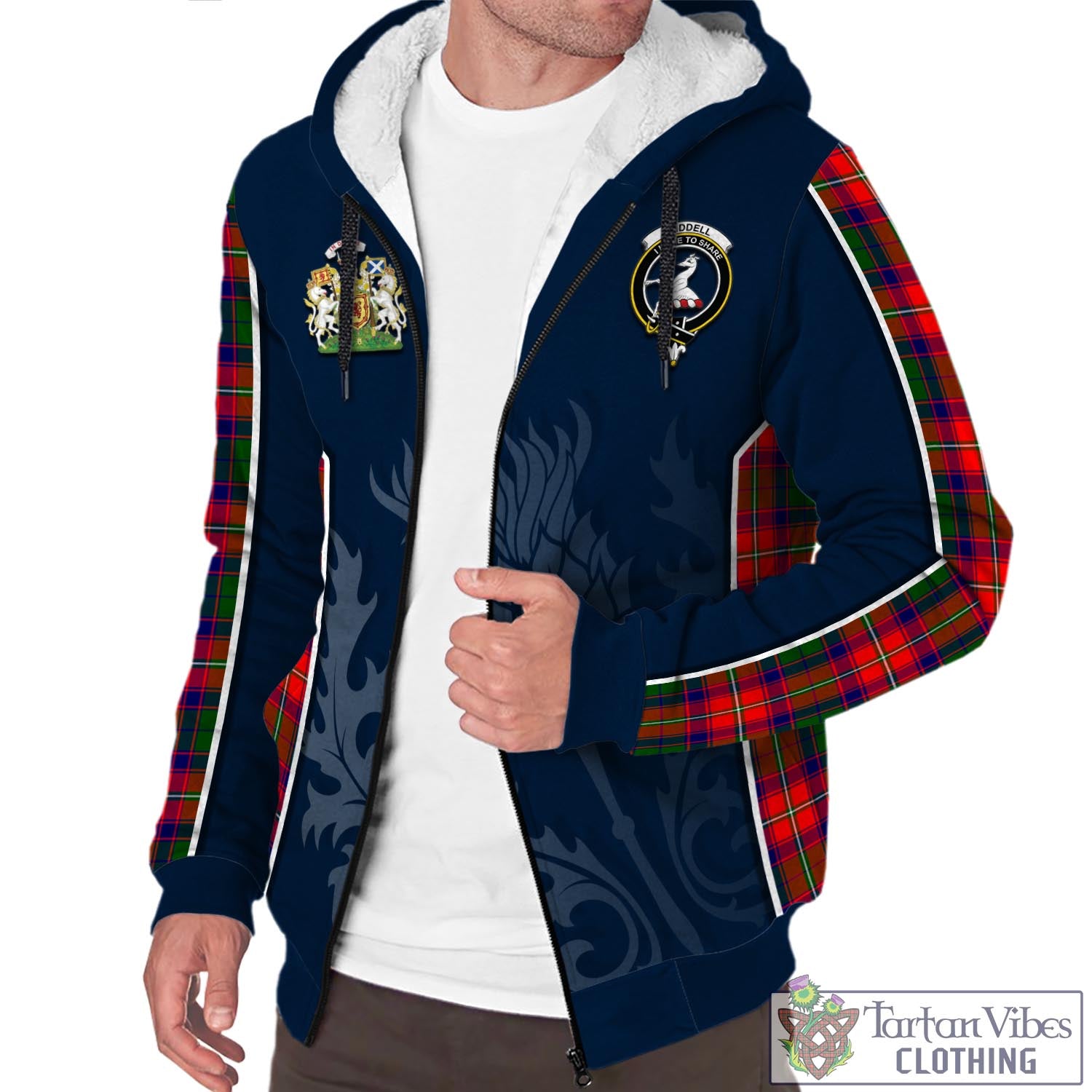 Tartan Vibes Clothing Riddell Tartan Sherpa Hoodie with Family Crest and Scottish Thistle Vibes Sport Style