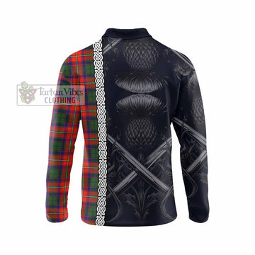 Tartan Vibes Clothing Riddell Tartan Long Sleeve Polo Shirt with Family Crest Cross Sword Thistle Celtic Vibes