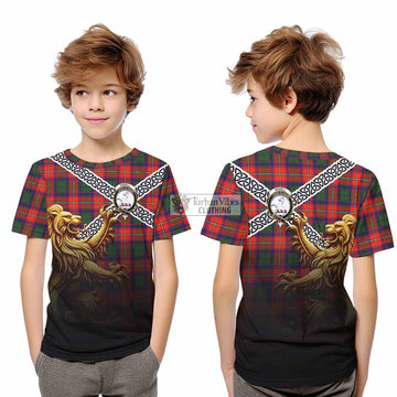 Tartan Vibes Clothing Riddell Crest Tartan Kid T-Shirt with Golden Lion Emblem Celtic Style