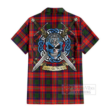 Tartan Vibes Clothing Riddell Tartan Short Sleeve Button Shirt with Family Crest Celtic Skull Style