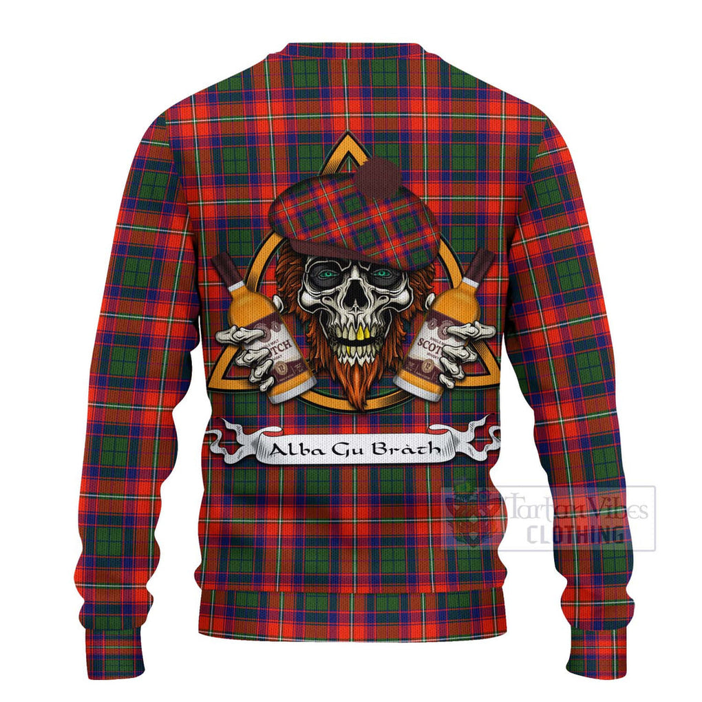 Tartan Vibes Clothing Riddell Tartan Knitted Sweater with Family Crest and Bearded Skull Holding Bottles of Whiskey