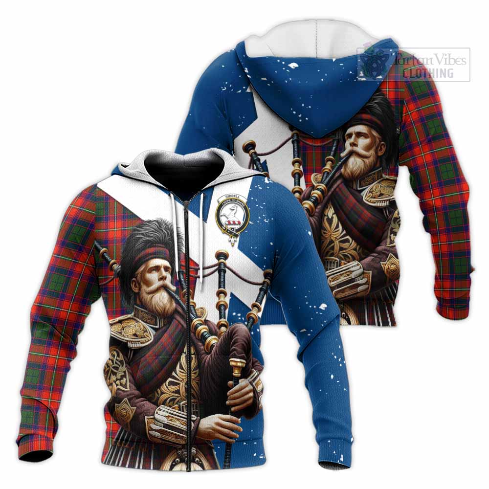 Tartan Vibes Clothing Riddell Tartan Knitted Hoodie with Family Crest Scottish Bagpiper Vibes