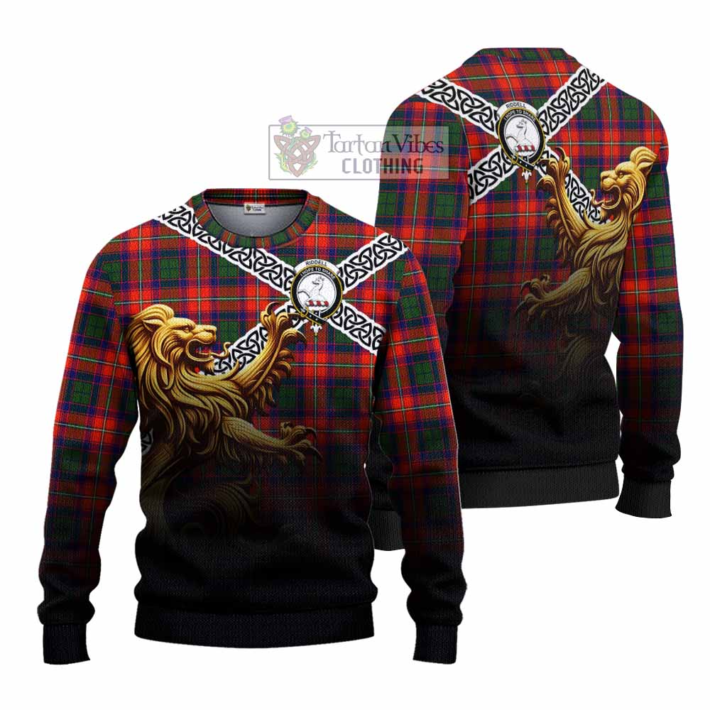 Tartan Vibes Clothing Riddell Crest Tartan Knitted Sweater with Golden Lion Emblem Celtic Style
