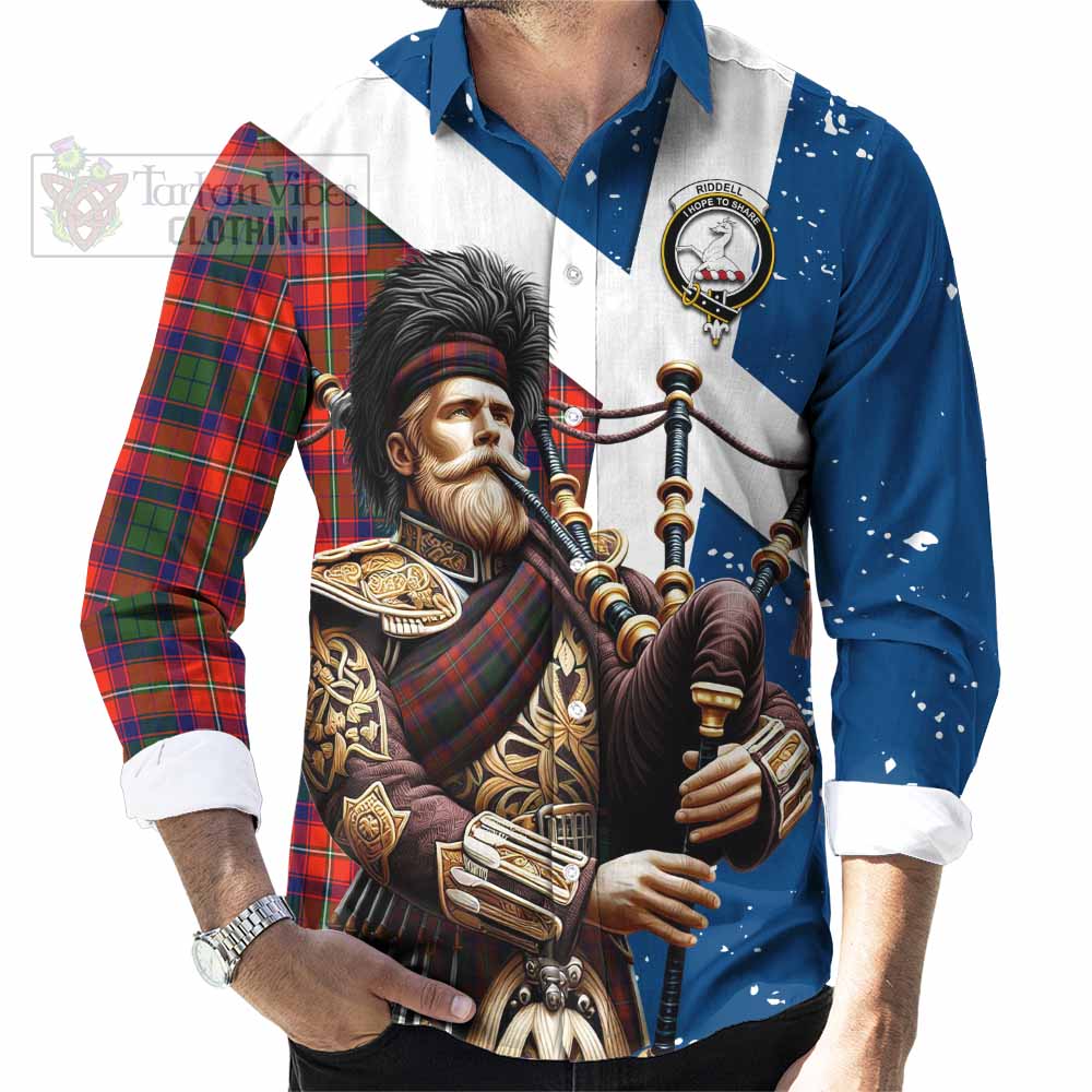 Tartan Vibes Clothing Riddell Tartan Long Sleeve Button Shirt with Family Crest Scottish Bagpiper Vibes