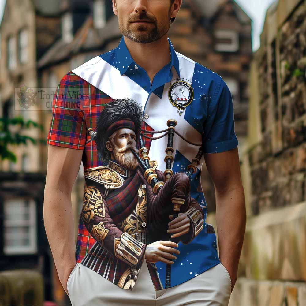 Tartan Vibes Clothing Riddell Tartan Short Sleeve Button Shirt with Family Crest Scottish Bagpiper Vibes