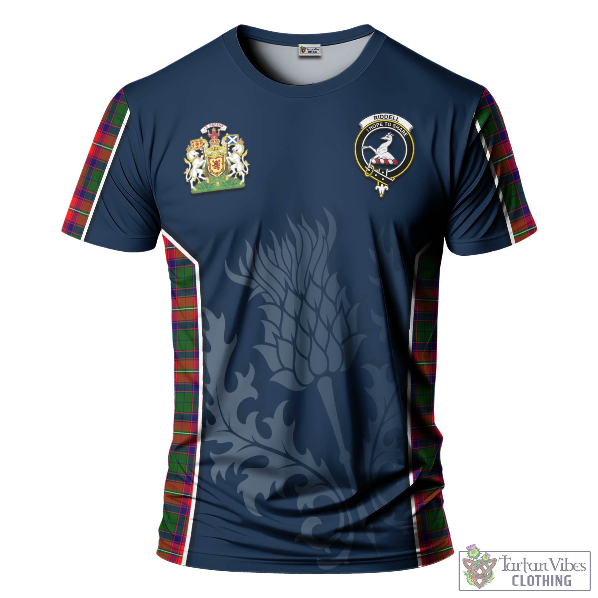 Tartan Vibes Clothing Riddell Tartan T-Shirt with Family Crest and Scottish Thistle Vibes Sport Style