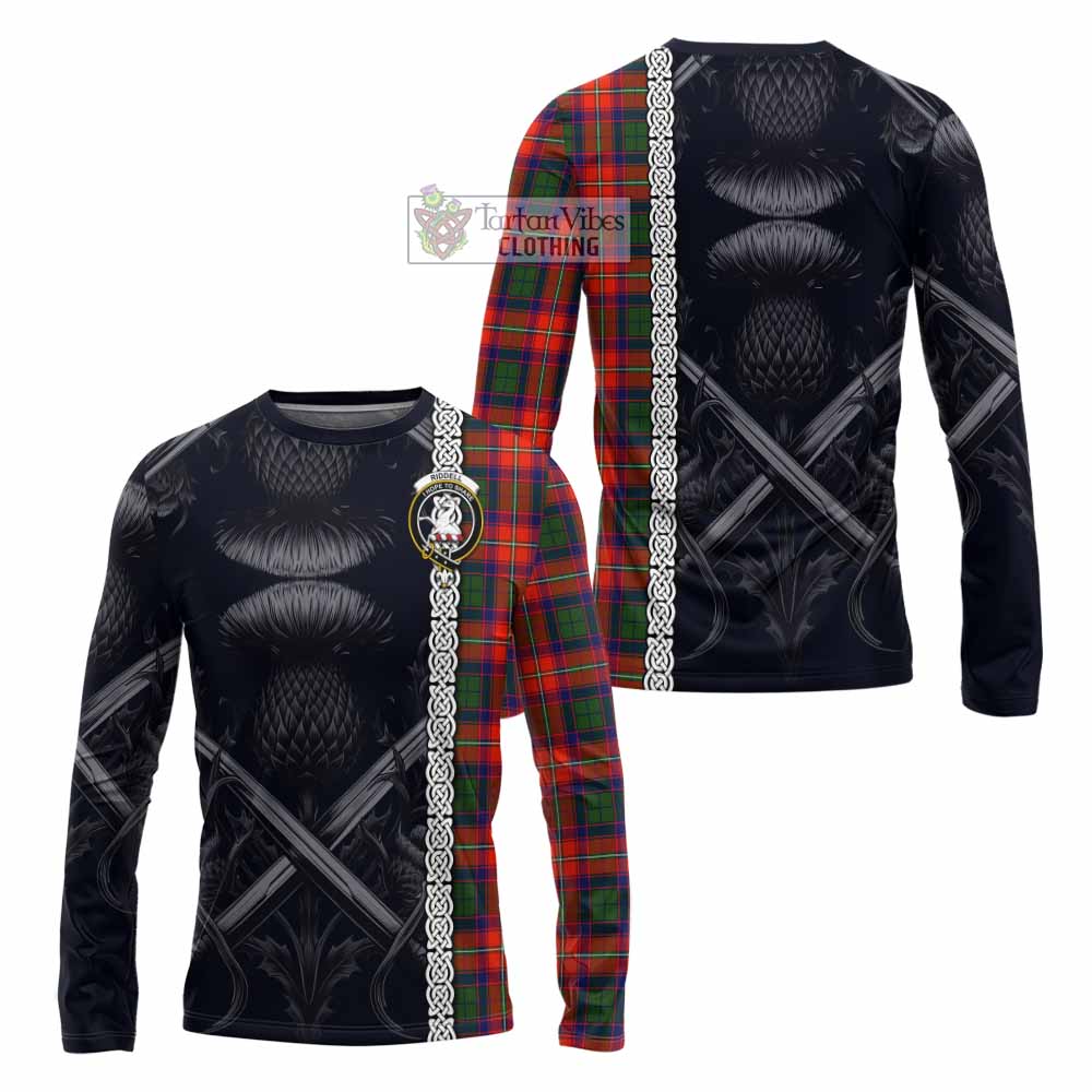 Tartan Vibes Clothing Riddell Tartan Long Sleeve T-Shirt with Family Crest Cross Sword Thistle Celtic Vibes