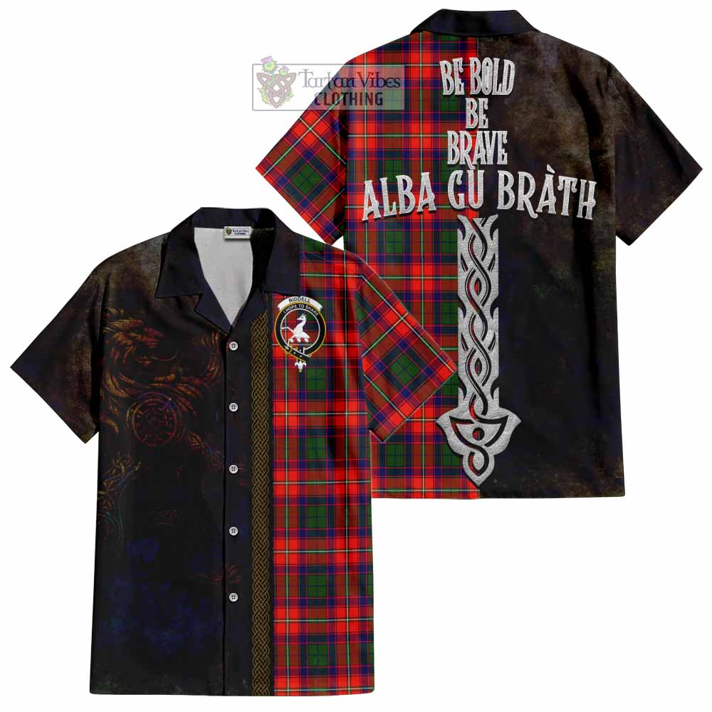 Tartan Vibes Clothing Riddell Tartan Family Crest Short Sleeve Button Shirt Alba Gu Brath Be Brave Lion Ancient Style