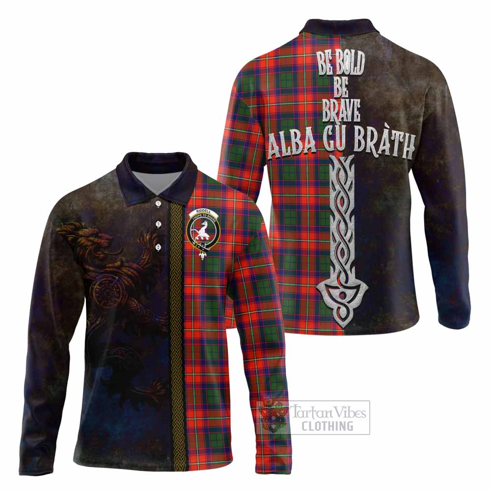 Tartan Vibes Clothing Riddell Tartan Family Crest Long Sleeve Polo Shirt Alba Gu Brath Be Brave Lion Ancient Style