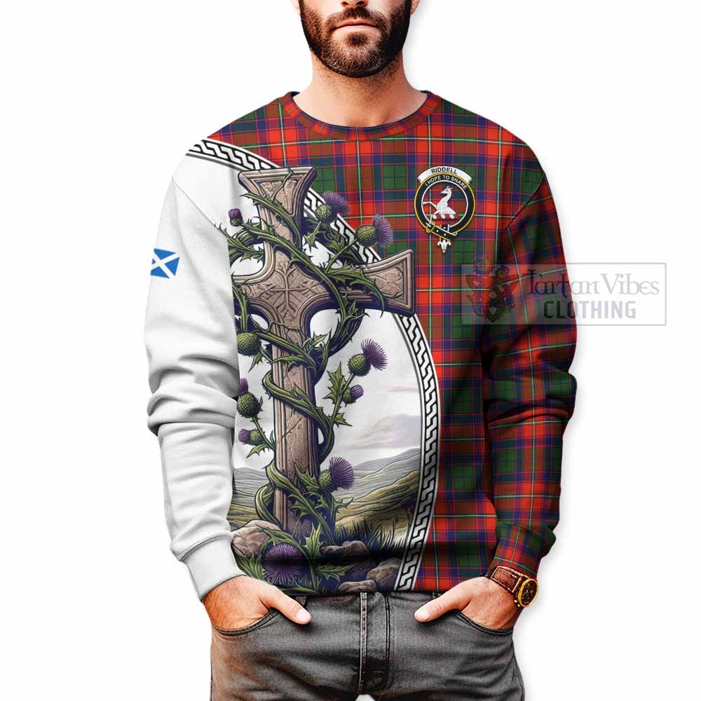 Tartan Vibes Clothing Riddell Tartan Sweatshirt with Family Crest and St. Andrew's Cross Accented by Thistle Vines