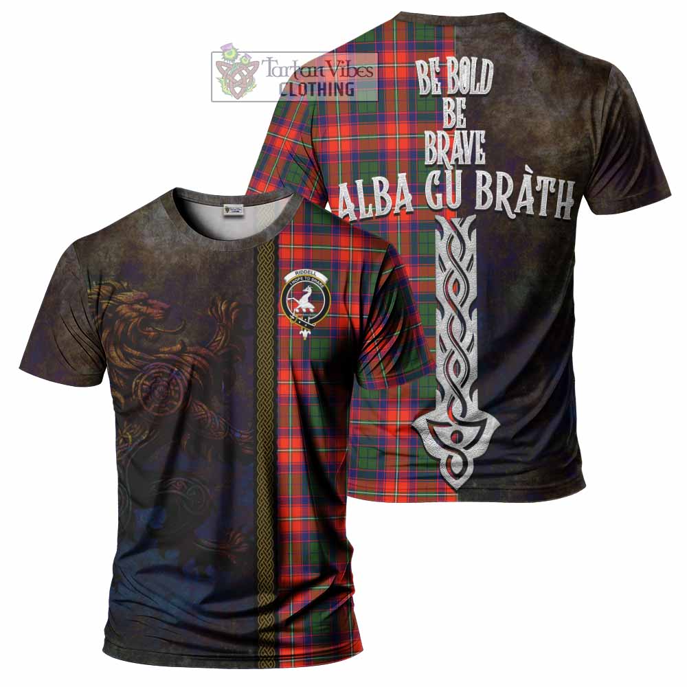 Tartan Vibes Clothing Riddell Tartan Family Crest T-Shirt Alba Gu Brath Be Brave Lion Ancient Style