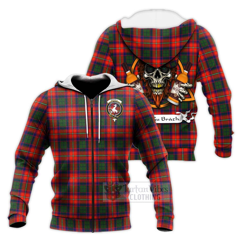 Tartan Vibes Clothing Riddell Tartan Knitted Hoodie with Family Crest and Bearded Skull Holding Bottles of Whiskey