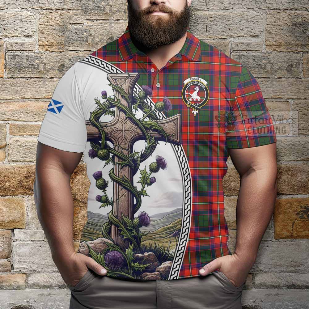 Tartan Vibes Clothing Riddell Tartan Polo Shirt with Family Crest and St. Andrew's Cross Accented by Thistle Vines