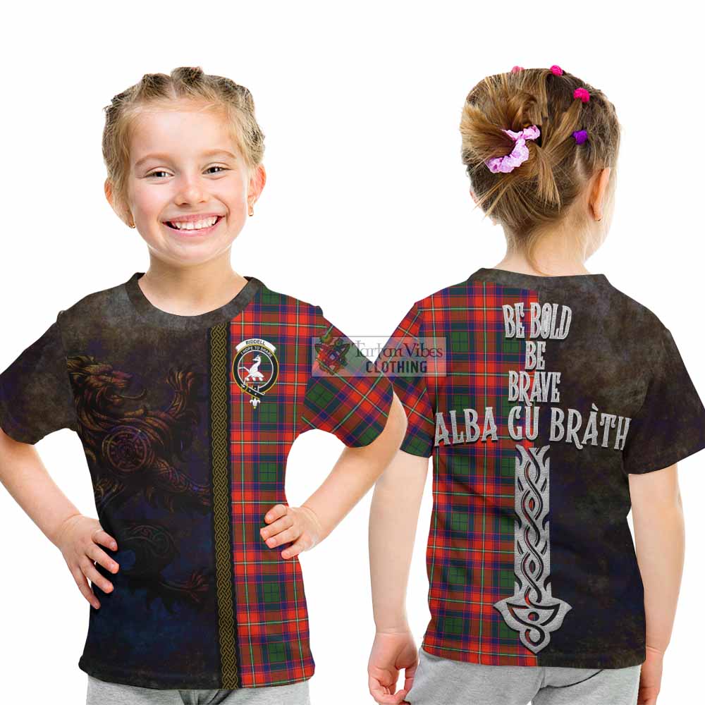 Tartan Vibes Clothing Riddell Tartan Family Crest Kid T-Shirt Alba Gu Brath Be Brave Lion Ancient Style
