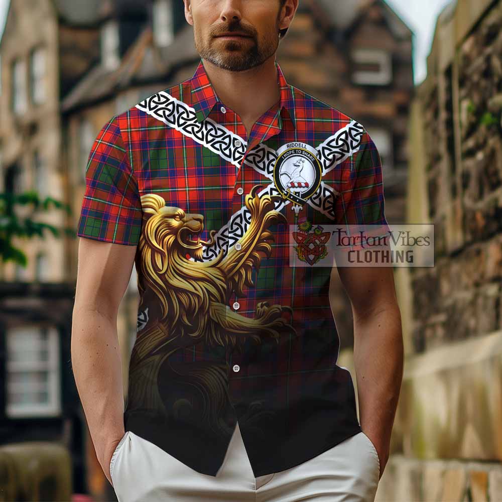 Tartan Vibes Clothing Riddell Crest Tartan Short Sleeve Button Shirt with Golden Lion Emblem Celtic Style